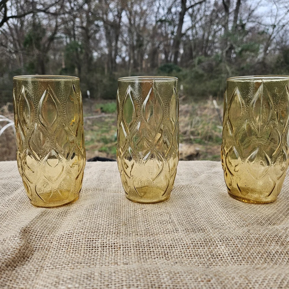 Set of Three Vintage Amber Glass Tumblers Libbey Madrid Pattern 60s 70s Era Boho - Picture 3 of 12